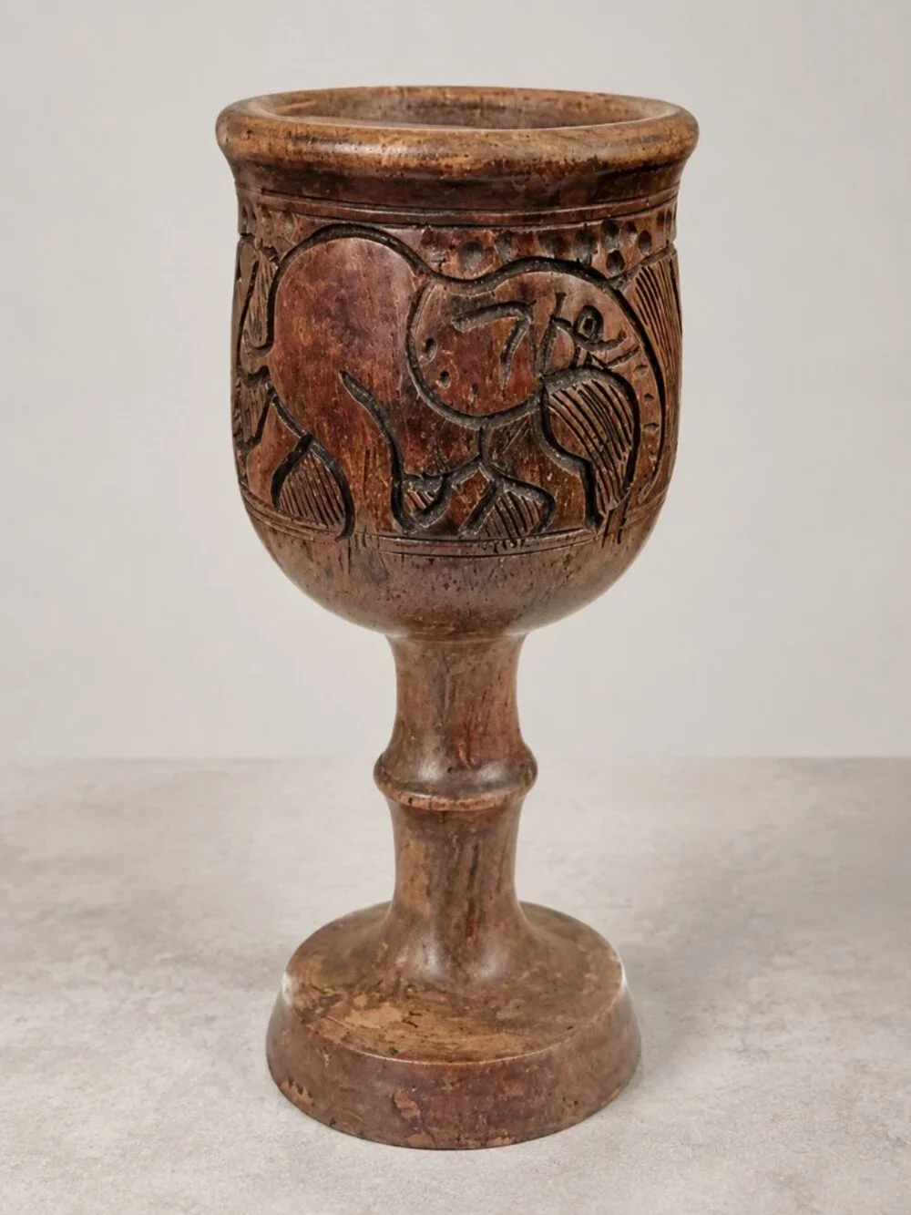 Vintage African Hand Carved Wood Goblet Elephant Rhino Folk Art Chalice 7
